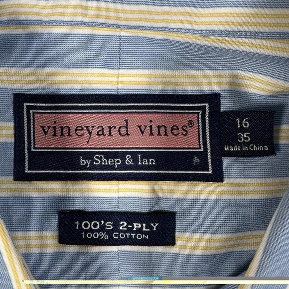 Vineyard Vines Mens 16 35 Dress Shirt Blue Yellow Stripe Button Up 100% Cotton - Picture 4 of 12